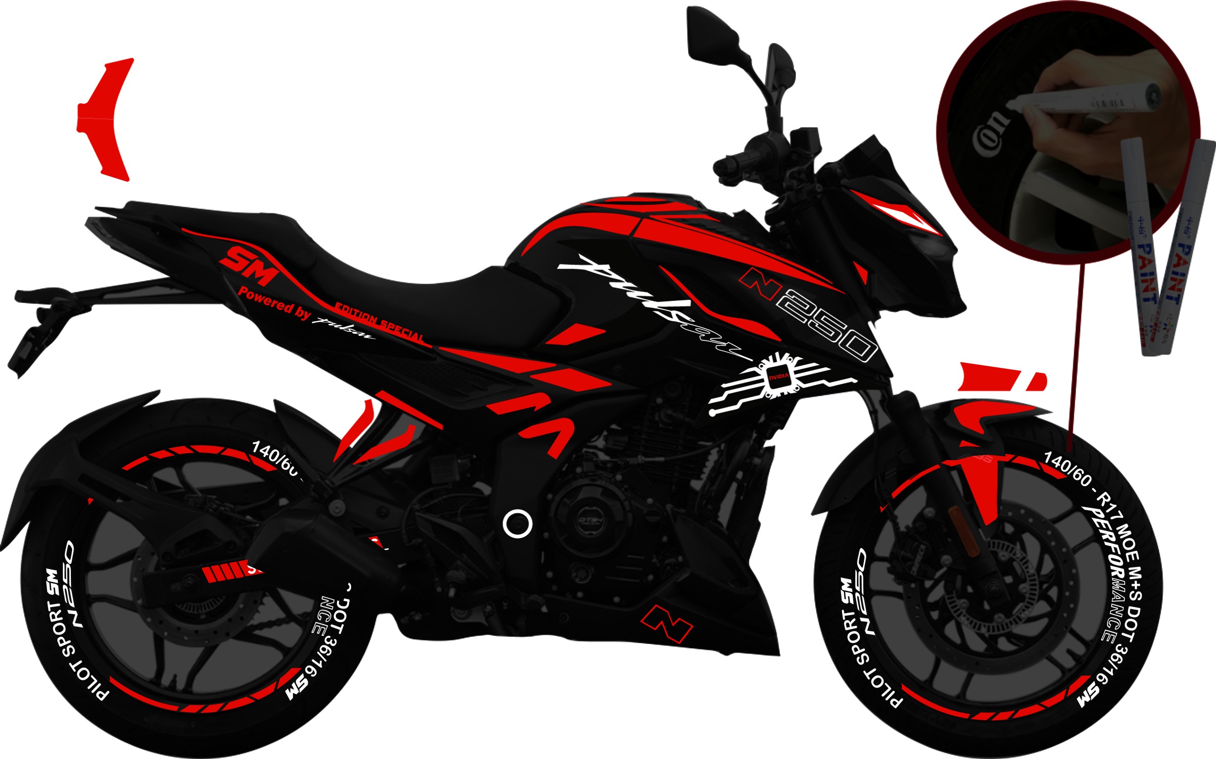 Pulsar N250 Kit Stickers para tapas y rin + 2 PLUMONES